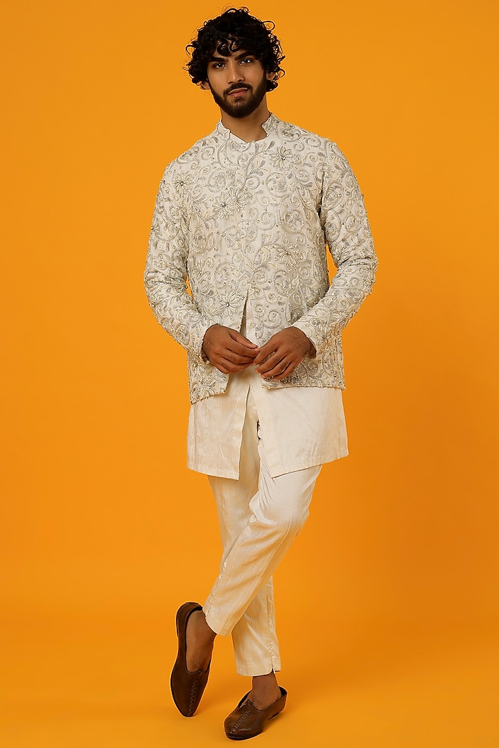 White Embroidered Bundi Jacket by Megha Kapoor Label Men