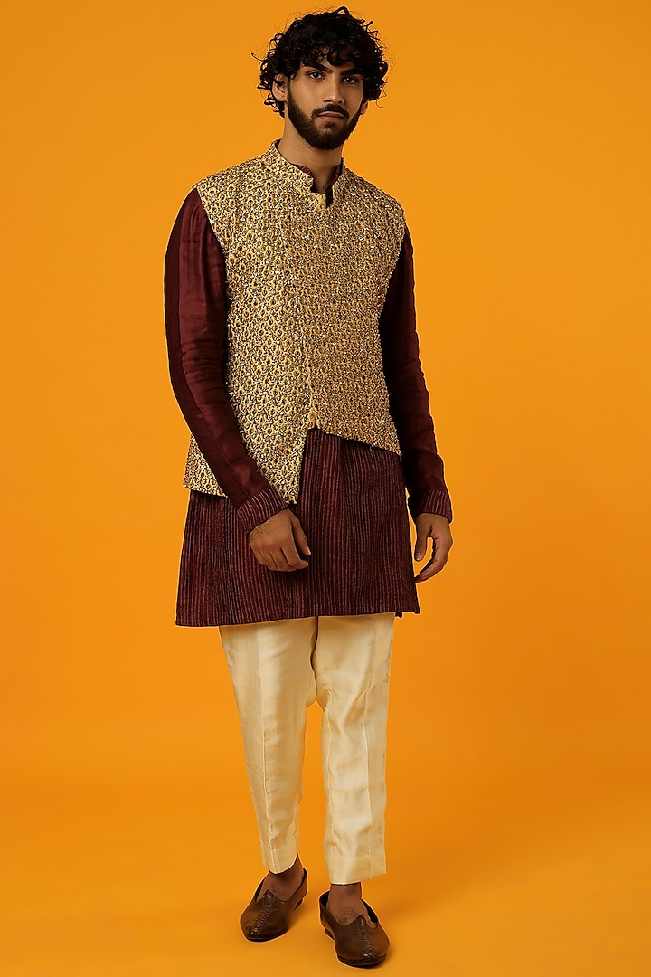 Mustard Embroidered Bundi Jacket With Kurta by Megha Kapoor Label Men