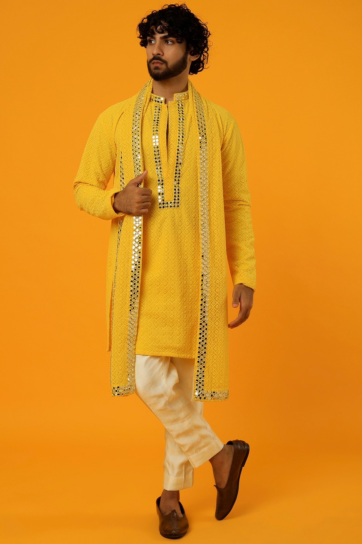 Yellow Chikankari Kurta Set Design by Megha Kapoor Label Men at