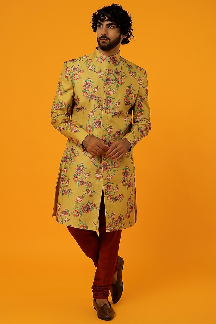 Mustard Cotton Sherwani Set by Megha Kapoor Label Men