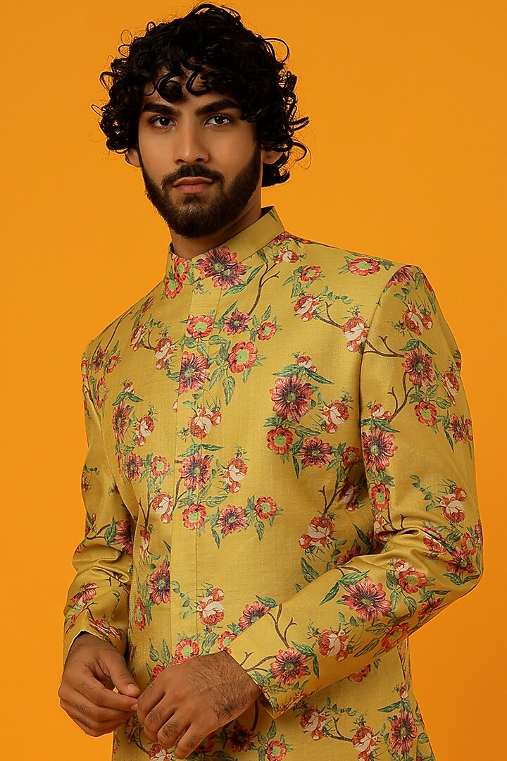 Mustard Cotton Wedding Sherwani Set by Megha Kapoor Label Men at Pernia's Pop Up Shop