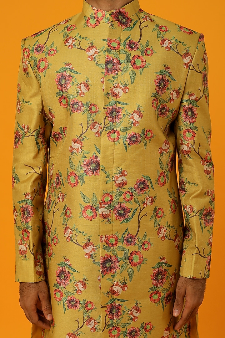 Mustard Cotton Wedding Sherwani Set by Megha Kapoor Label Men at Pernia's Pop Up Shop