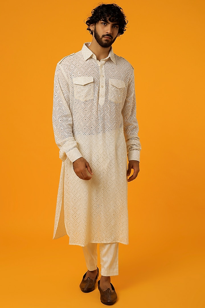 White Cutwork Kurta by Megha Kapoor Label Men at Pernia's Pop Up Shop