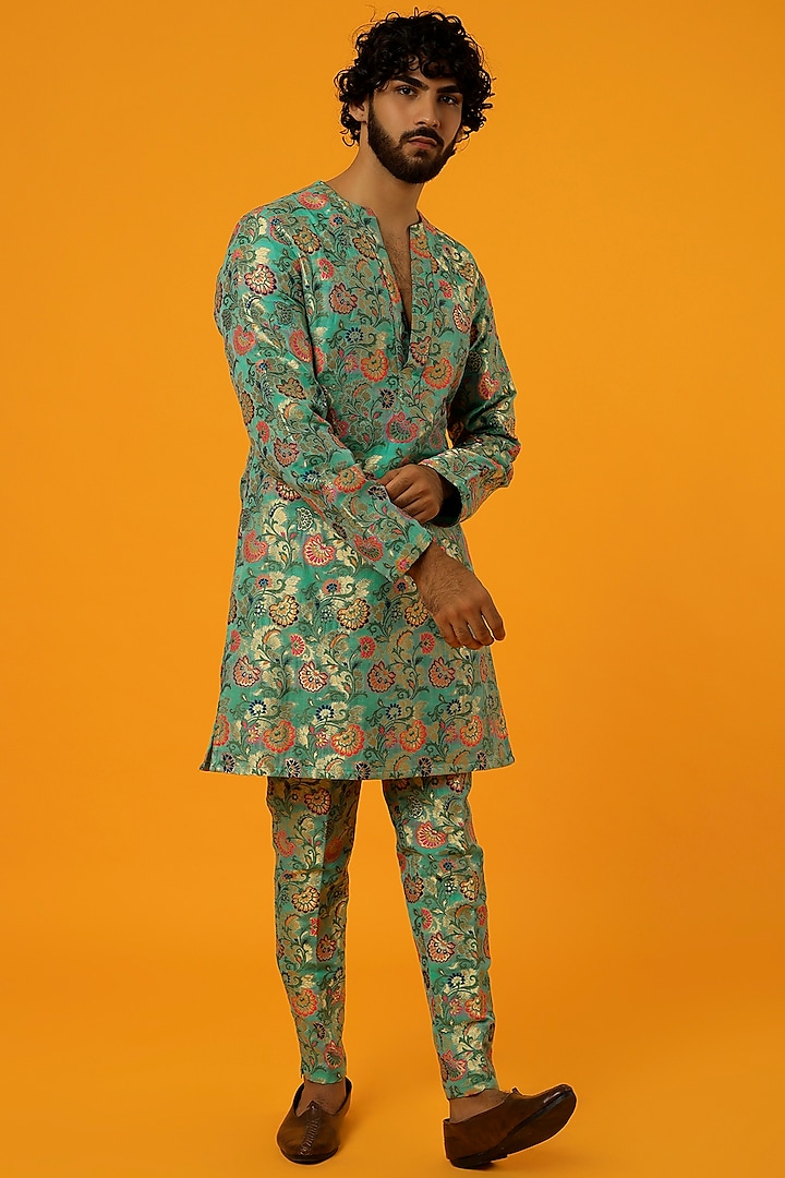 Green Banarasi Kurta Set by Megha Kapoor Label Men