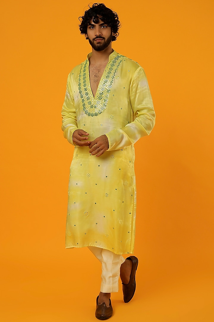 Yellow Tie-Dyed Kurta by Megha Kapoor Label Men