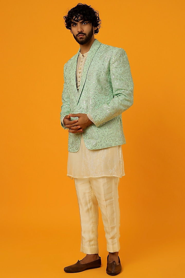 Mint Green Sequins Blazer by Megha Kapoor Label Men