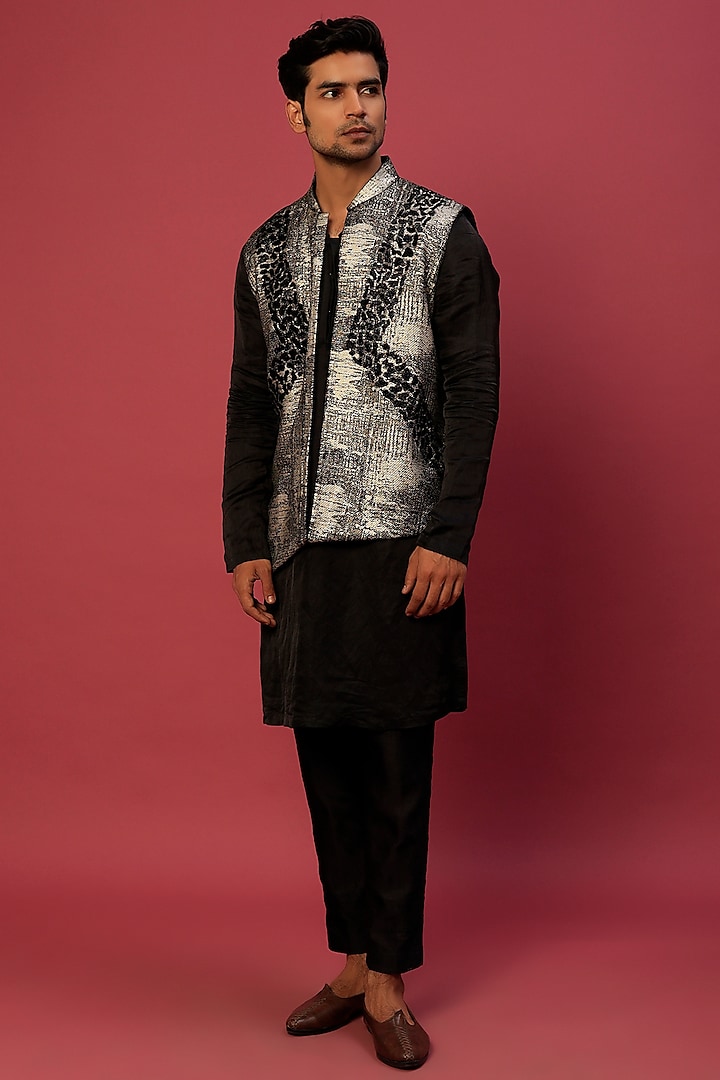 Black & Grey Embroidered Jacket Set by Megha Kapoor Label Men