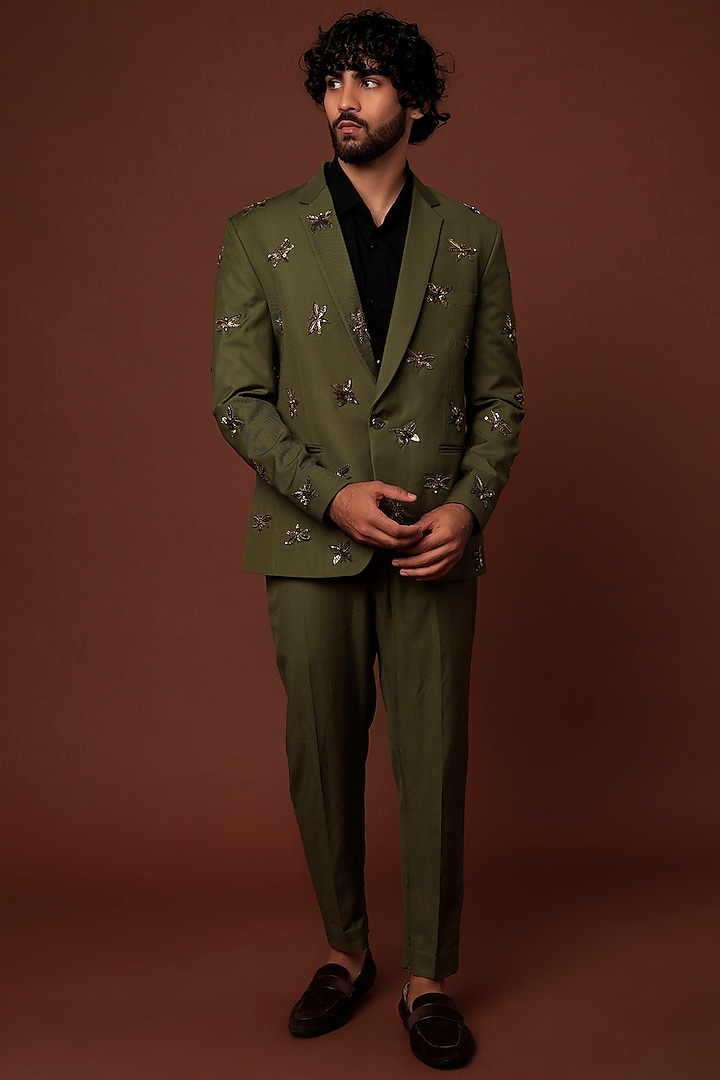 Olive Embroidered Blazer Set by Megha Kapoor Label Men