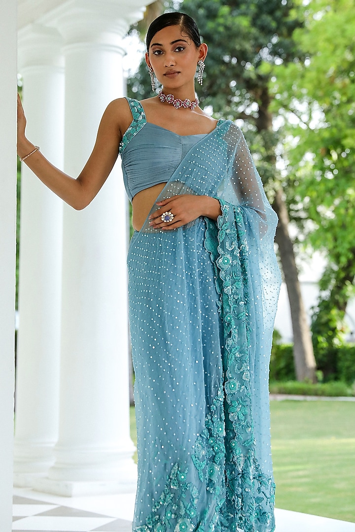 Sapphire Blue Sheer Organza Cutdana Hand Embroidered Pre-Stitched Saree Set by Mehak Khurana World