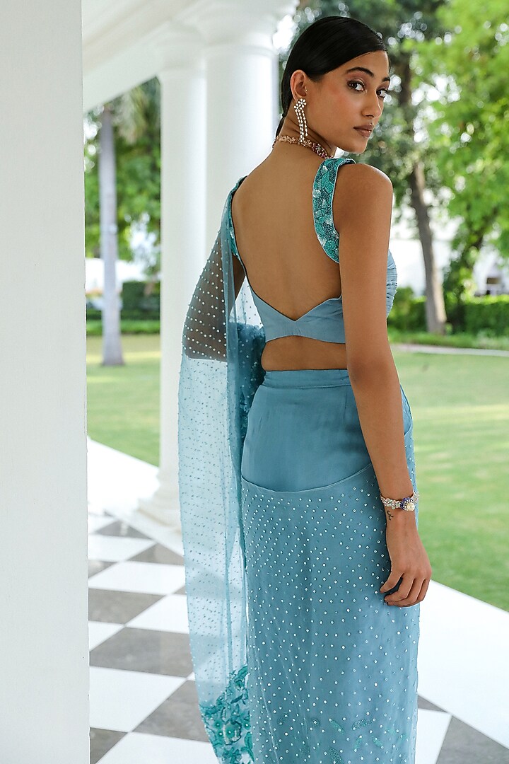 Sapphire Blue Sheer Organza Cutdana Hand Embroidered Pre-Stitched Wedding Saree Set by Mehak Khurana World at Pernia's Pop Up Shop