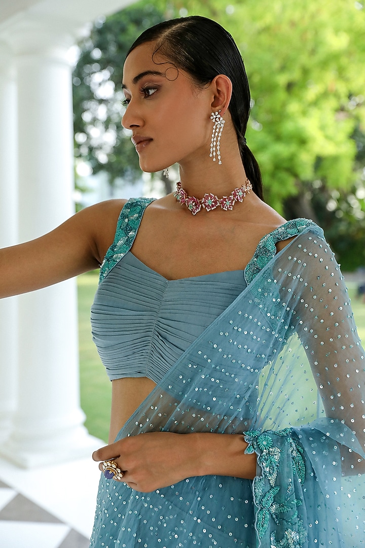 Sapphire Blue Sheer Organza Cutdana Hand Embroidered Pre-Stitched Wedding Saree Set by Mehak Khurana World at Pernia's Pop Up Shop
