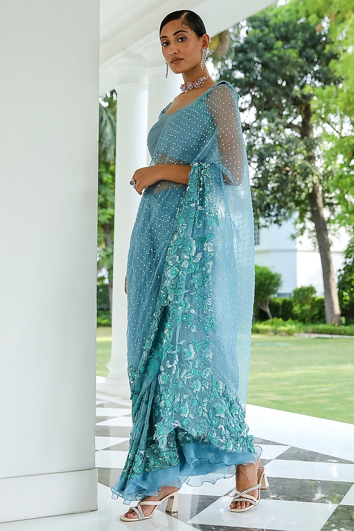Sapphire Blue Sheer Organza Cutdana Hand Embroidered Pre-Stitched Wedding Saree Set by Mehak Khurana World at Pernia's Pop Up Shop