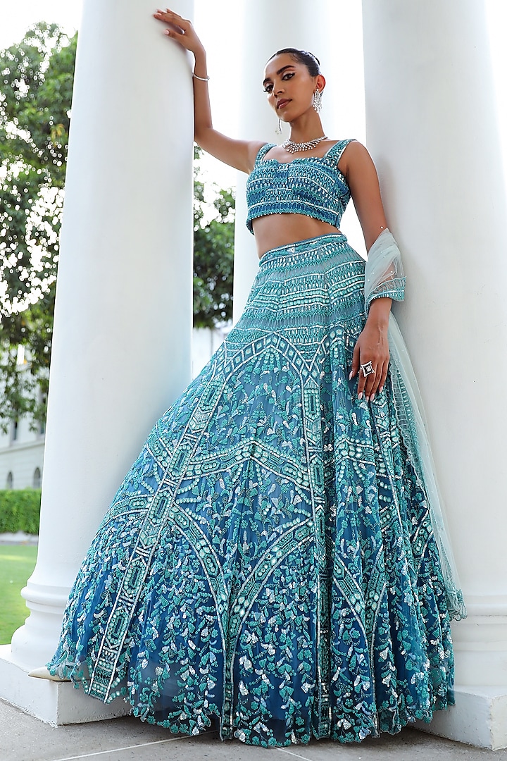 Aqua Blue Ombre Net Sequins & Crystal Embroidered Lehenga Set by Mehak Khurana World