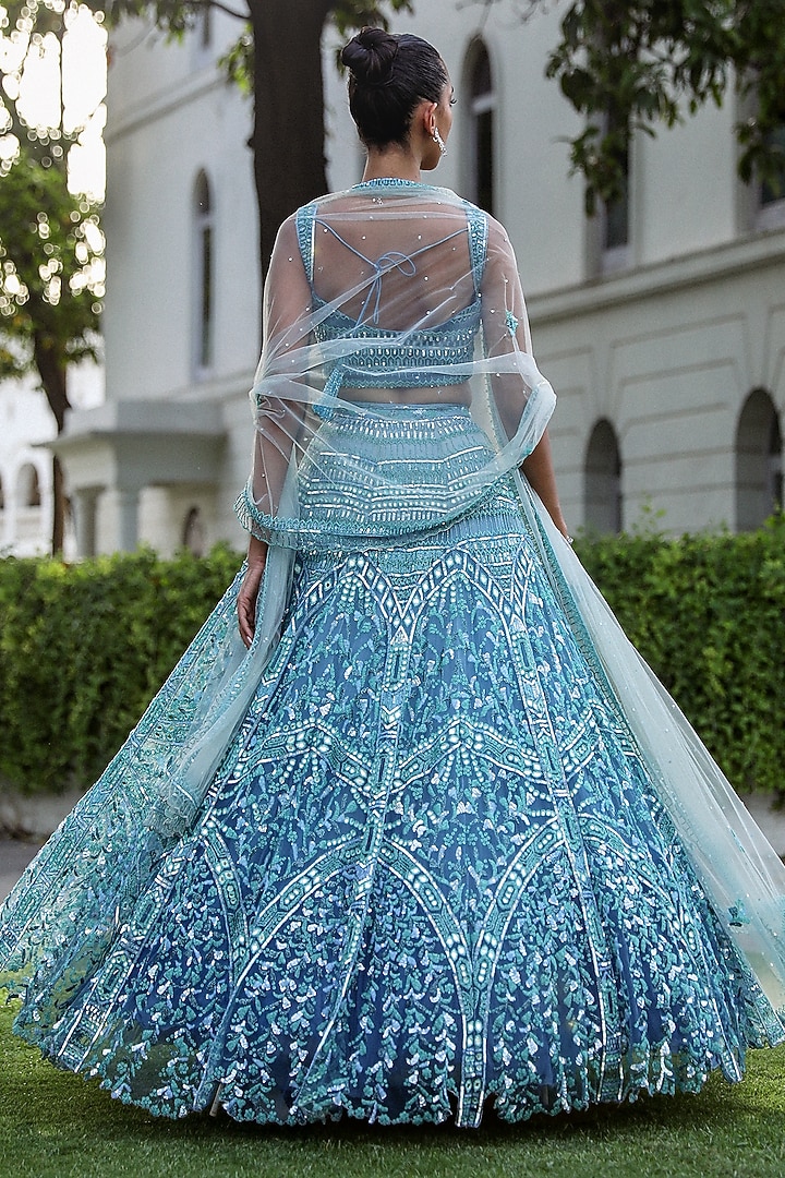 Aqua Blue Ombre Net Sequins & Crystal Embroidered Bridal Lehenga Set by Mehak Khurana World at Pernia's Pop Up Shop
