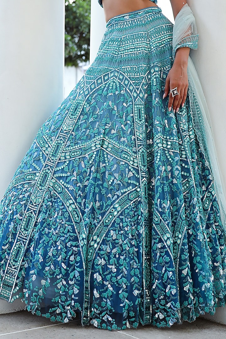 Aqua Blue Ombre Net Sequins & Crystal Embroidered Bridal Lehenga Set by Mehak Khurana World at Pernia's Pop Up Shop