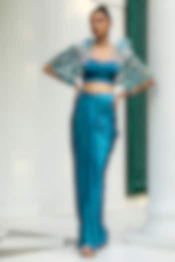 Teal Blue Satin Pleated Skirt Set by Mehak Khurana World