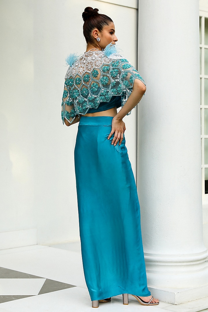 Teal Blue Satin Pleated Skirt Set by Mehak Khurana World at Pernia's Pop Up Shop