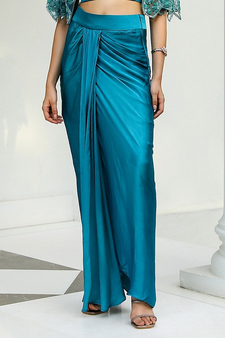 Teal Blue Satin Pleated Skirt Set by Mehak Khurana World at Pernia's Pop Up Shop