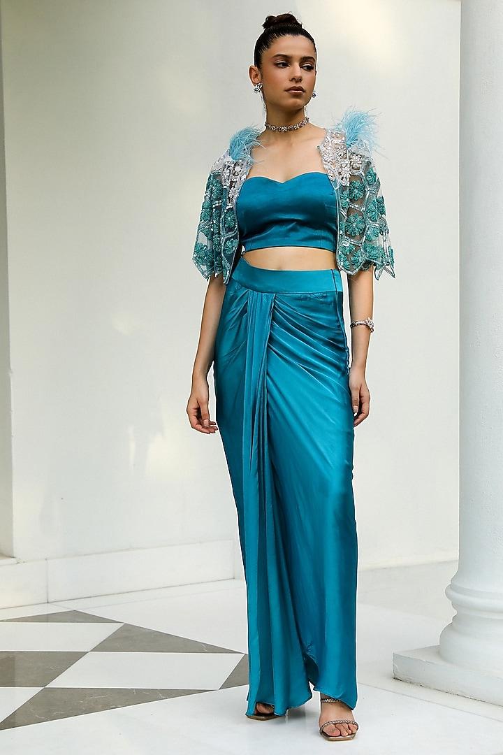 Teal Blue Satin Pleated Skirt Set by Mehak Khurana World at Pernia's Pop Up Shop