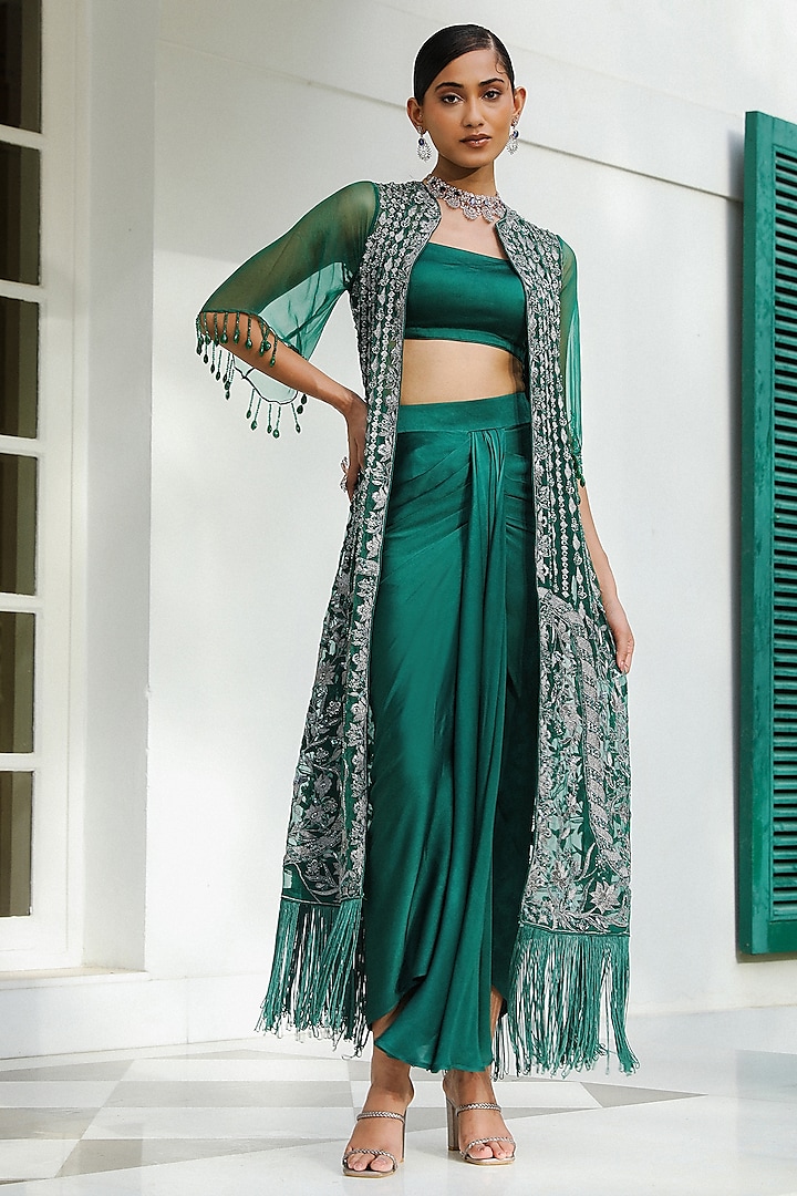Emerald Green Organza Crystal & Sequins Embroidered Cape Set by Mehak Khurana World