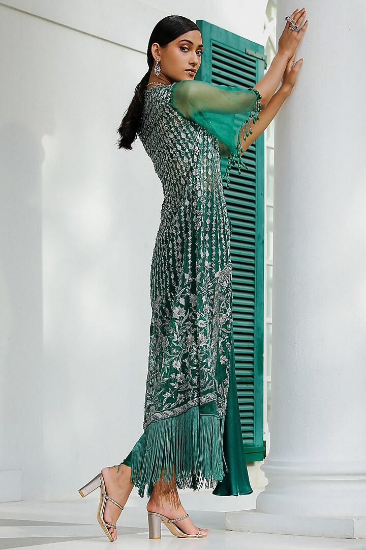 Emerald Green Organza Crystal & Sequins Embroidered Cape Set by Mehak Khurana World at Pernia's Pop Up Shop