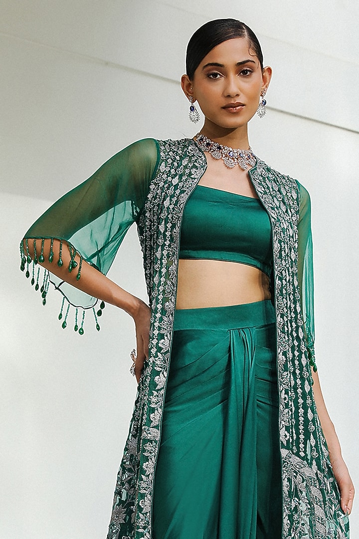 Emerald Green Organza Crystal & Sequins Embroidered Cape Set by Mehak Khurana World at Pernia's Pop Up Shop