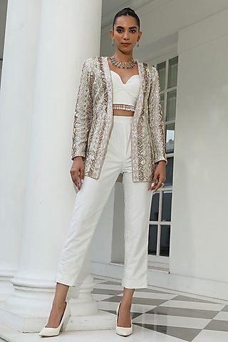 White Silk Hand Embroidered Blazer Set by Mehak Khurana World