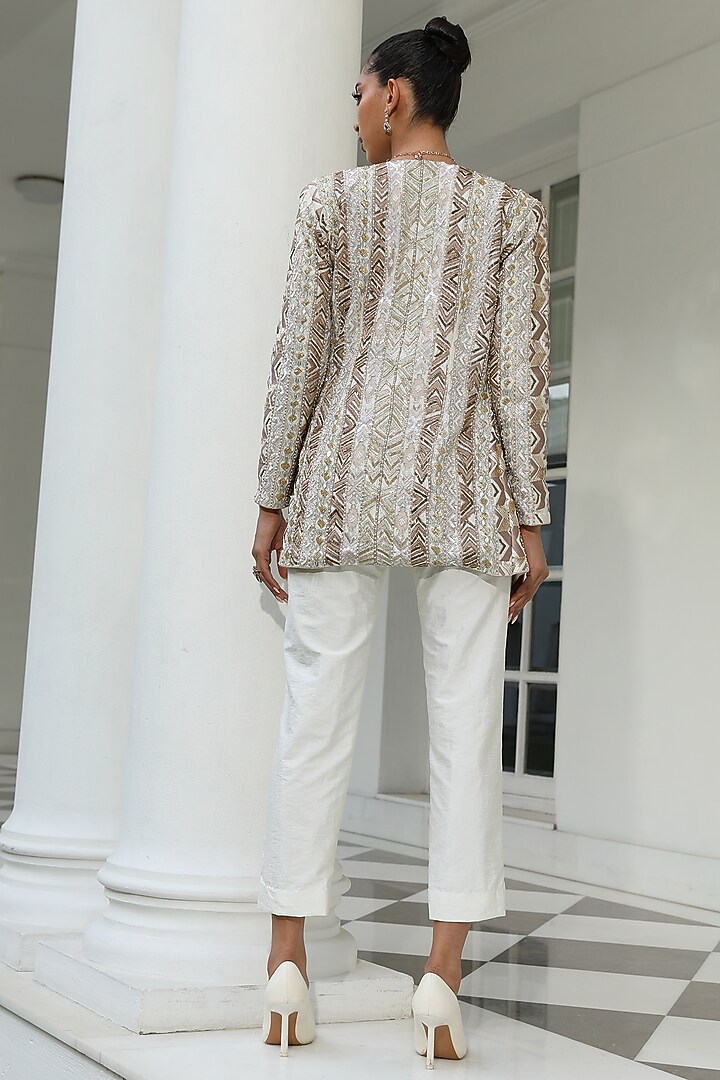 White Silk Hand Embroidered Blazer Set by Mehak Khurana World at Pernia's Pop Up Shop