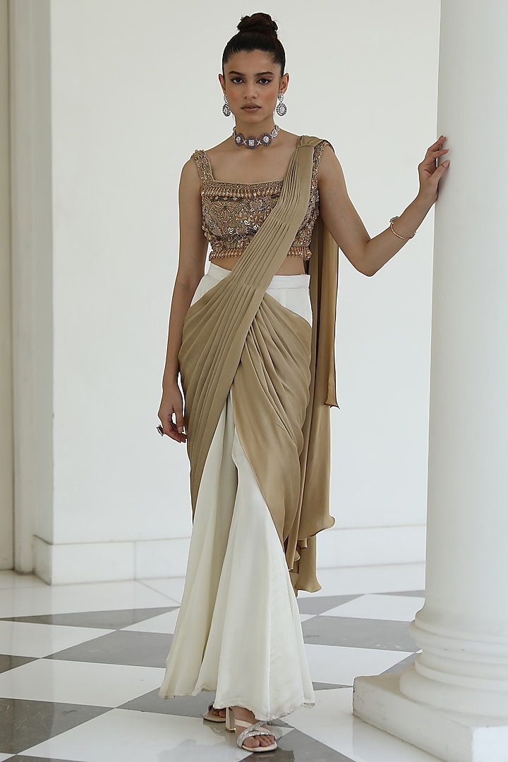 Ivory & Gold Satin Georgette Pre-Draped Skirt Saree Set by Mehak Khurana World
