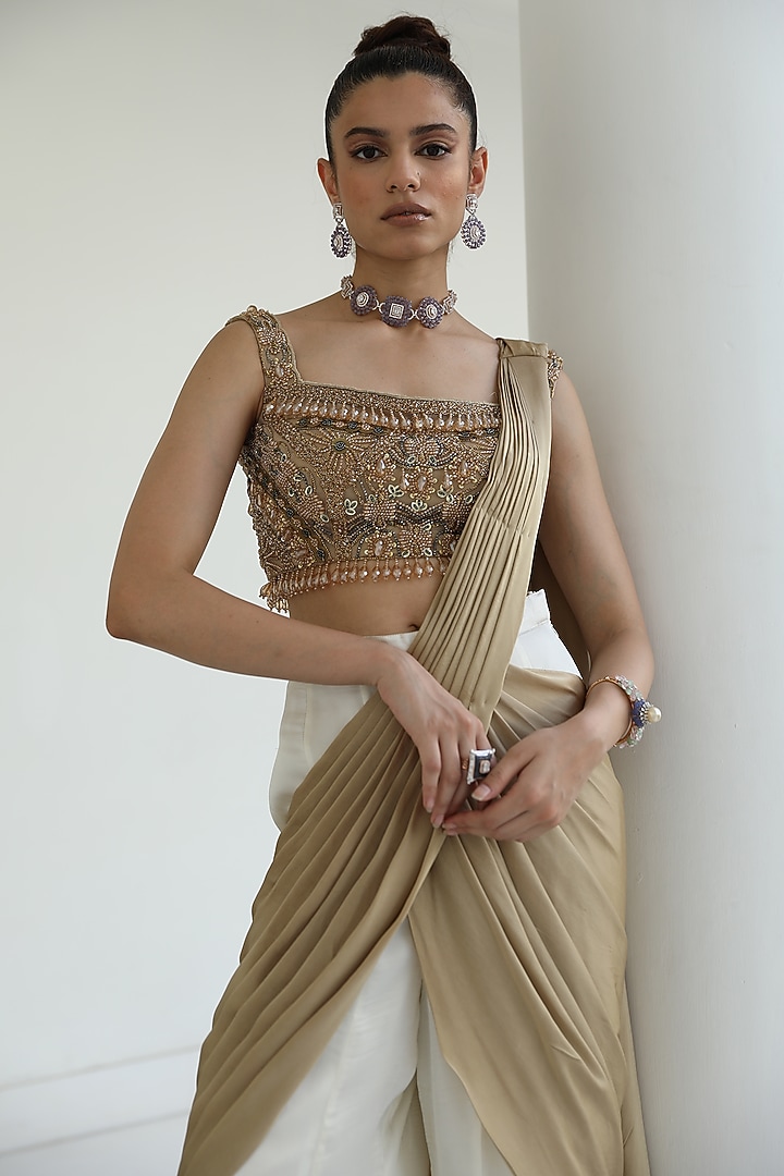 Ivory & Gold Satin Georgette Pre-Draped Skirt Wedding Saree Set by Mehak Khurana World at Pernia's Pop Up Shop