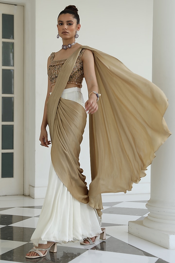 Ivory & Gold Satin Georgette Pre-Draped Skirt Wedding Saree Set by Mehak Khurana World at Pernia's Pop Up Shop