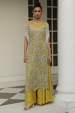 Golden Yellow Satin Georgette Sharara Set by Mehak Khurana World