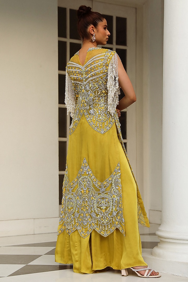Golden Yellow Satin Georgette Wedding Sharara Set by Mehak Khurana World at Pernia's Pop Up Shop