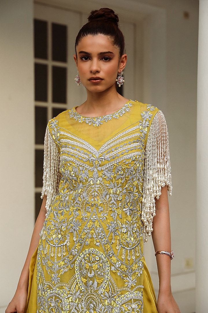 Golden Yellow Satin Georgette Wedding Sharara Set by Mehak Khurana World at Pernia's Pop Up Shop