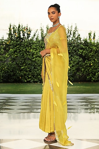 Grace Yellow Satin Organza Hand Embroidered Saree Set by Mehak Khurana World