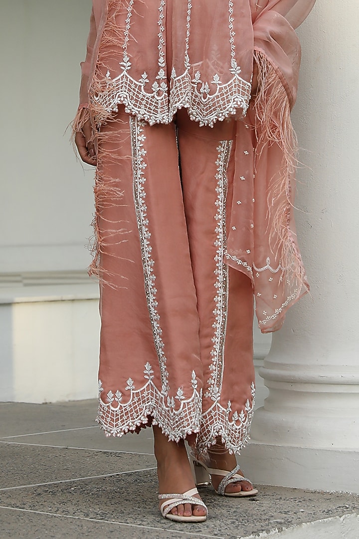 Peach Pink Satin Organza Embroidered Wedding Sharara Set by Mehak Khurana World at Pernia's Pop Up Shop