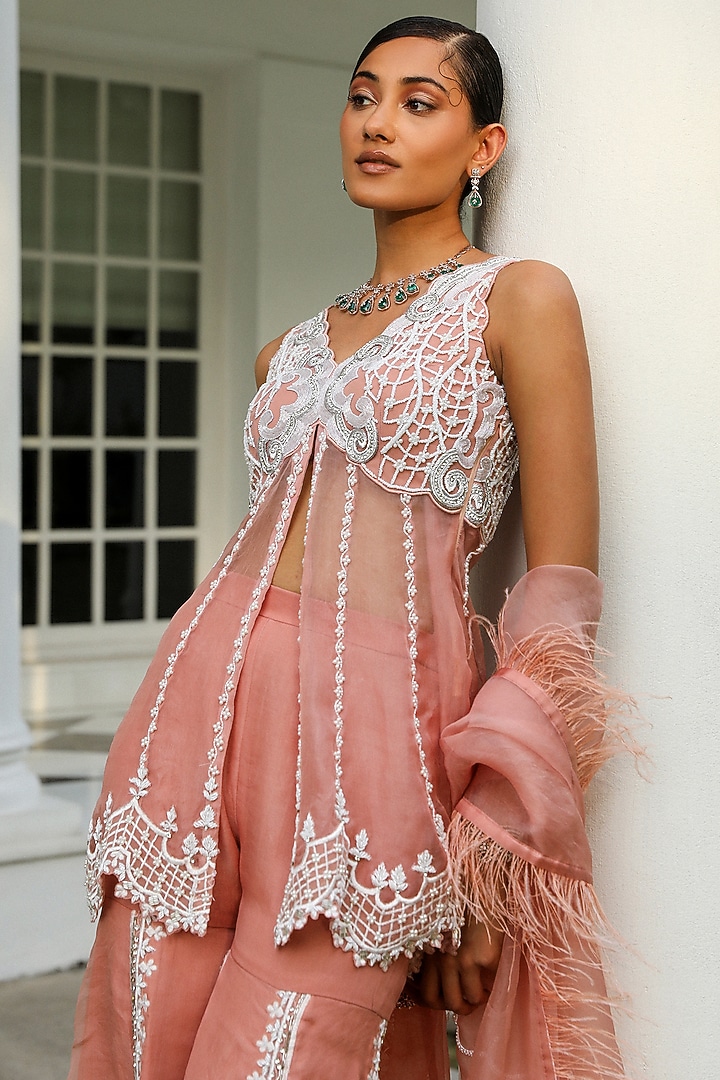 Peach Pink Satin Organza Embroidered Wedding Sharara Set by Mehak Khurana World at Pernia's Pop Up Shop