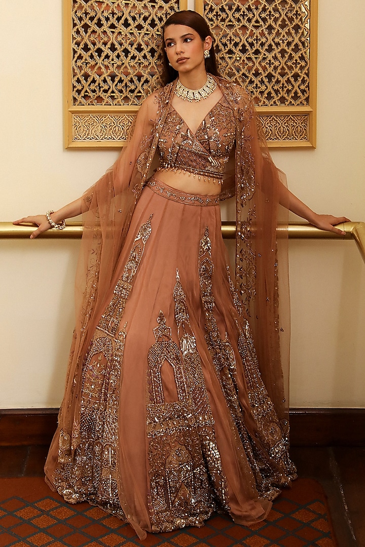Copper Brown Satin & Net Sequins Embroidered Lehenga Set by Mehak Khurana World