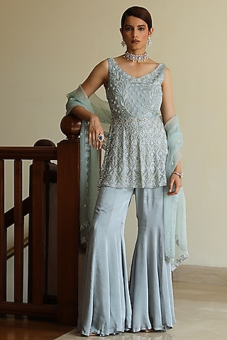 Sea Blue Satin & Organza Cutdana Hand Embroidered Sharara Set by Mehak Khurana World