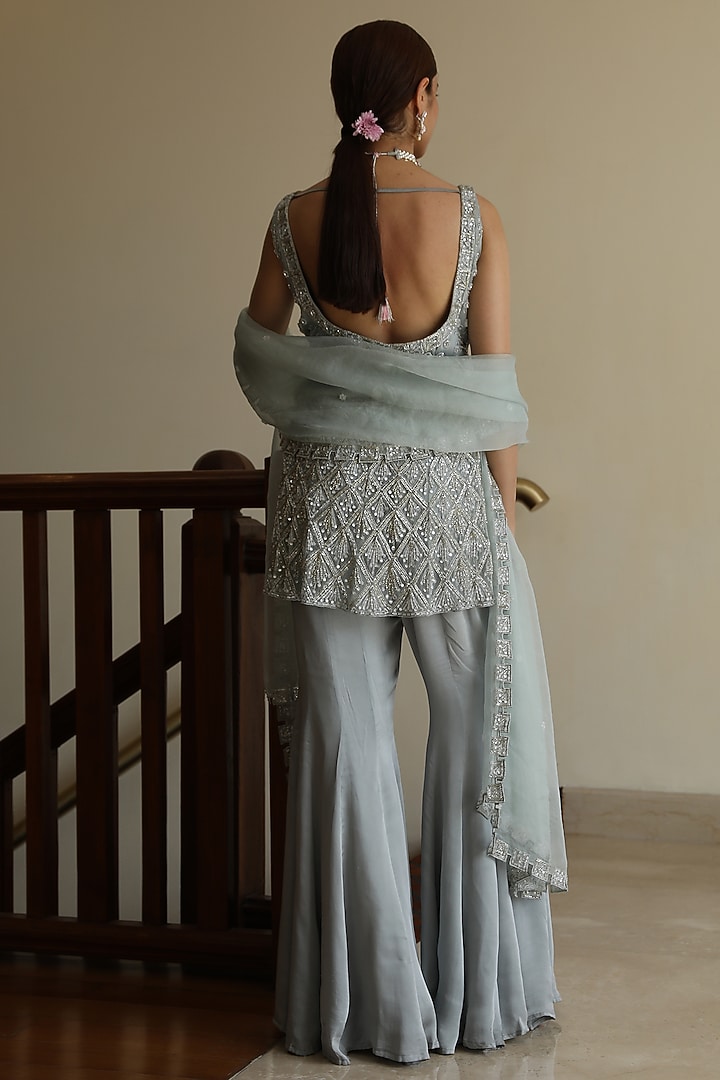 Sea Blue Satin & Organza Cutdana Hand Embroidered Wedding Sharara Set by Mehak Khurana World at Pernia's Pop Up Shop