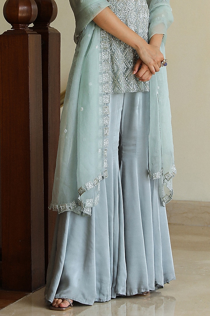 Sea Blue Satin & Organza Cutdana Hand Embroidered Wedding Sharara Set by Mehak Khurana World at Pernia's Pop Up Shop