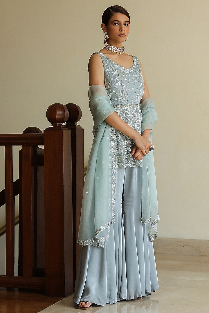 Sea Blue Satin & Organza Cutdana Hand Embroidered Wedding Sharara Set by Mehak Khurana World at Pernia's Pop Up Shop