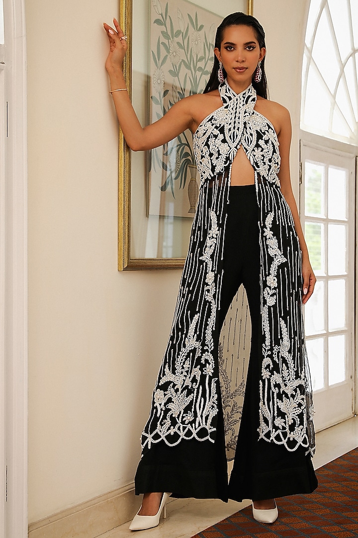 Black Organza & Georgette Crystal Hand Embroidered Palazzo Pant Set by Mehak Khurana World