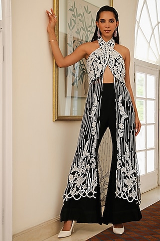 Black Organza & Georgette Crystal Hand Embroidered Palazzo Pant Set by Mehak Khurana World