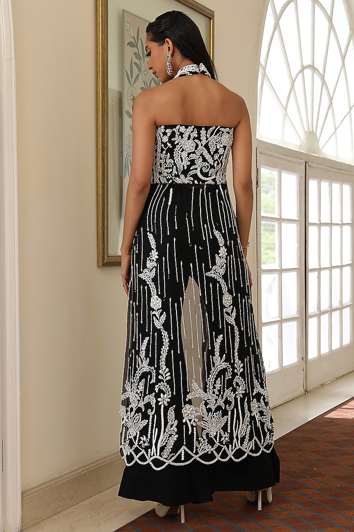 Black Organza & Georgette Crystal Hand Embroidered Palazzo Pant Set by Mehak Khurana World at Pernia's Pop Up Shop