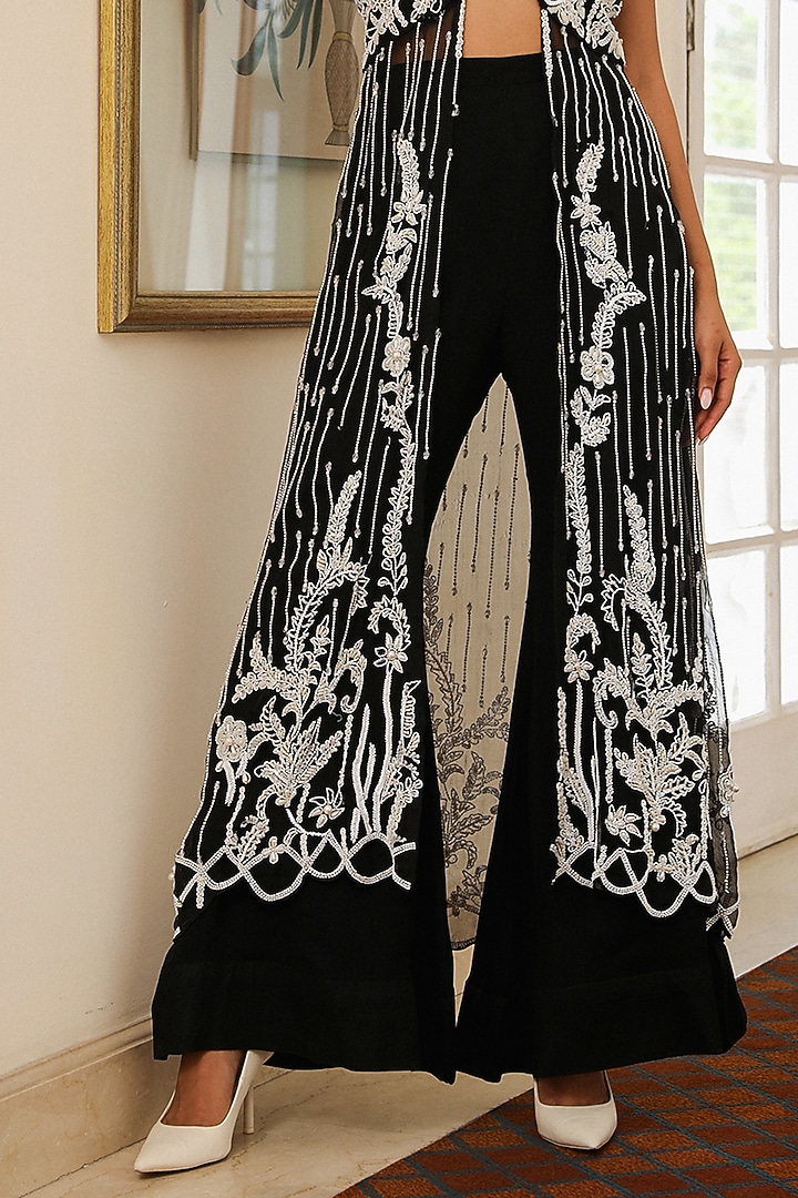 Black Organza & Georgette Crystal Hand Embroidered Palazzo Pant Set by Mehak Khurana World at Pernia's Pop Up Shop