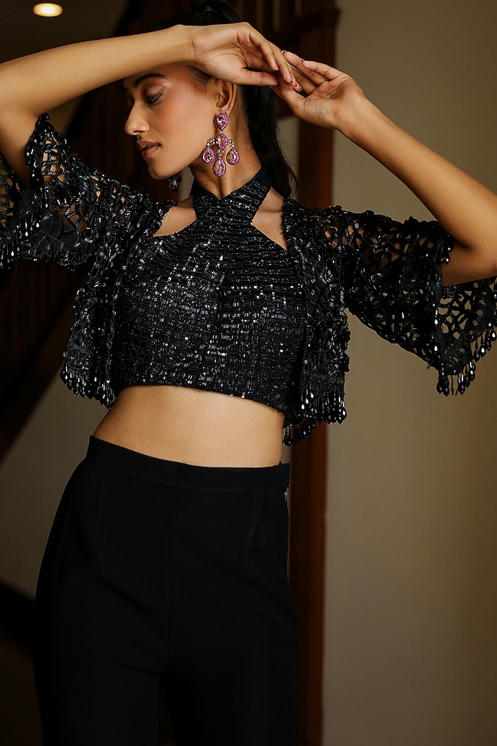 Black Imported Lycra Tassels Embroidered Palazzo Pant Set by Mehak Khurana World at Pernia's Pop Up Shop