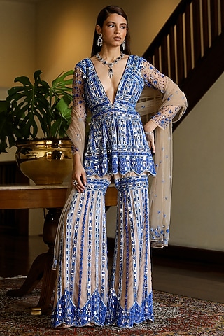 Blue Satin & Net Cutdana Hand Embroidered Sharara Set by Mehak Khurana World