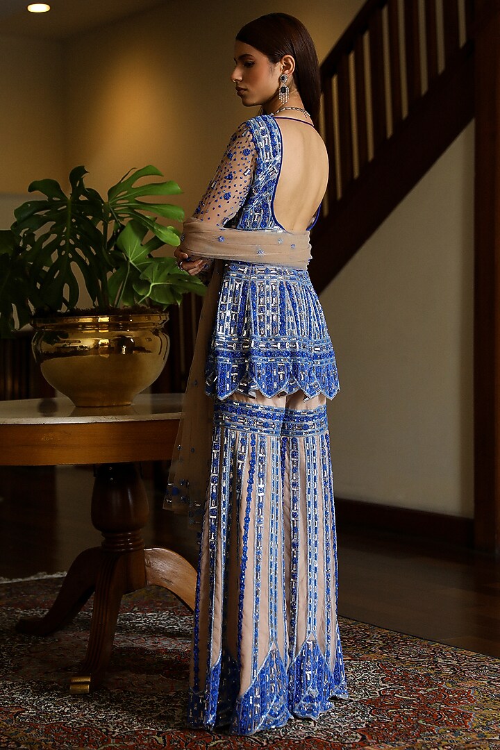 Blue Satin & Net Cutdana Hand Embroidered Wedding Sharara Set by Mehak Khurana World at Pernia's Pop Up Shop