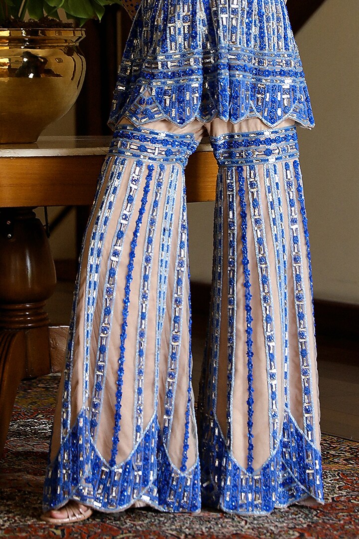 Blue Satin & Net Cutdana Hand Embroidered Wedding Sharara Set by Mehak Khurana World at Pernia's Pop Up Shop